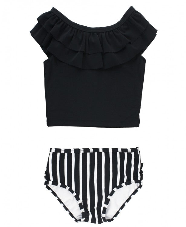 Black & White Stripe Ruffled Tankini