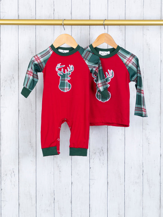 Hunter Green Plaid Reindeer Raglan Romper-Boys