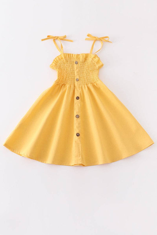 Mustard smocked strap button dress