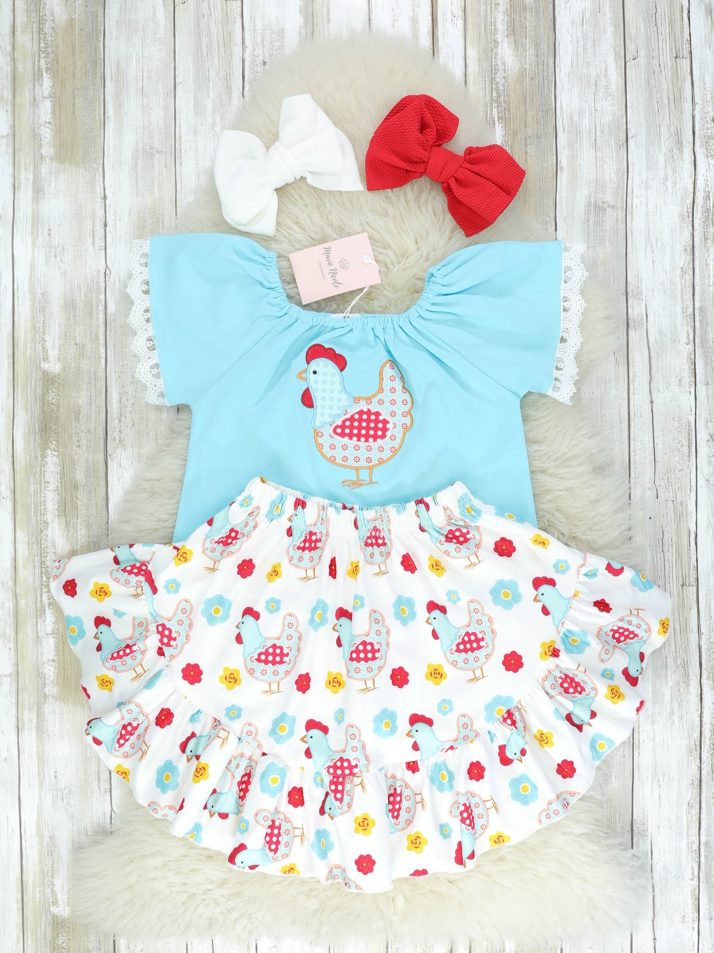 Blue Top & Rooster Hi-Lo Skirt Outfit