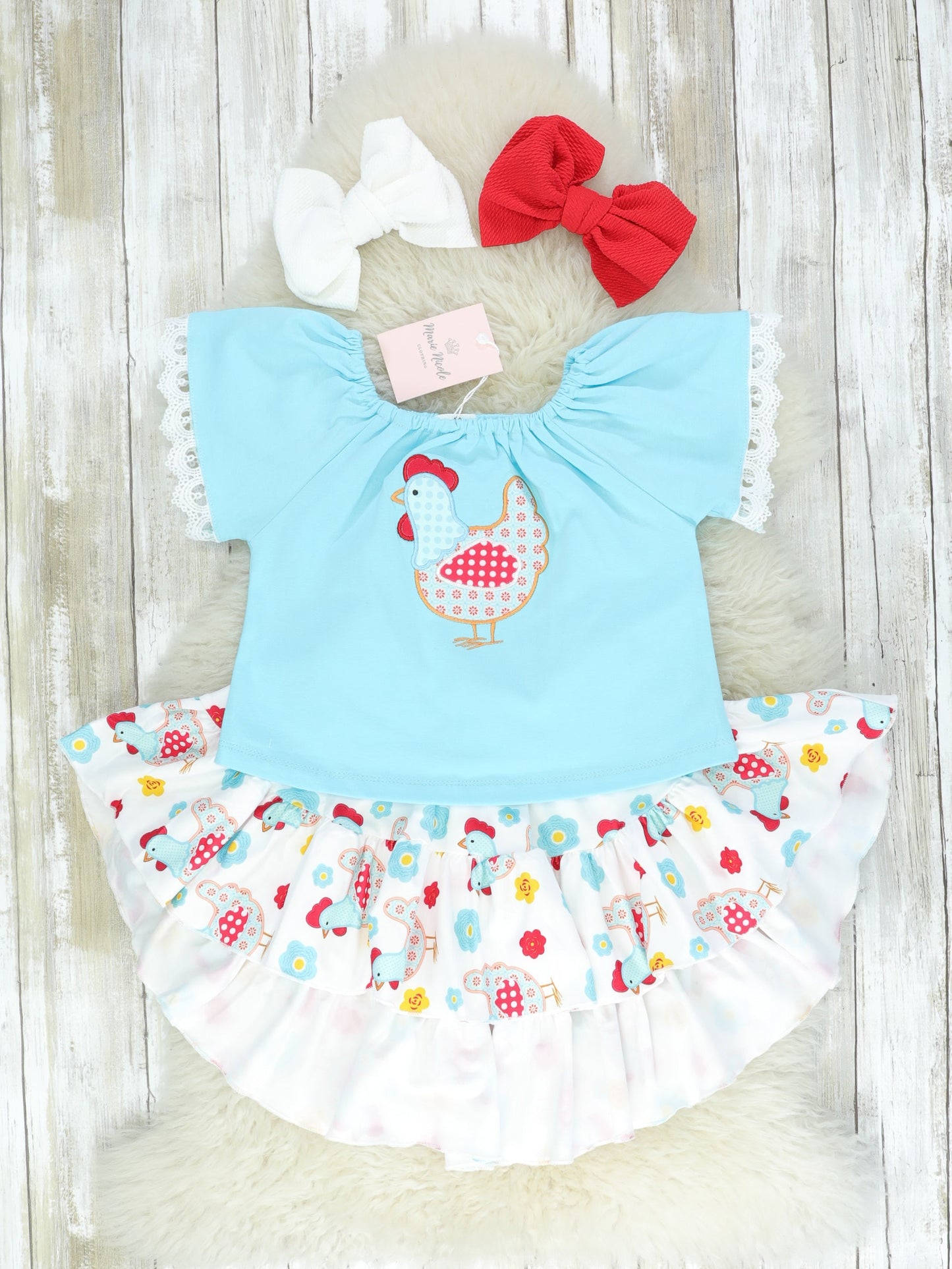 Blue Top & Rooster Hi-Lo Skirt Outfit