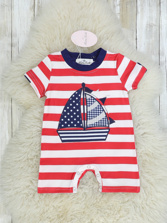 Red & Navy Sailboat Striped Romper