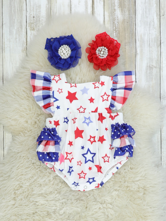 Red, White, & Blue Star Ruffle Bubble Romper