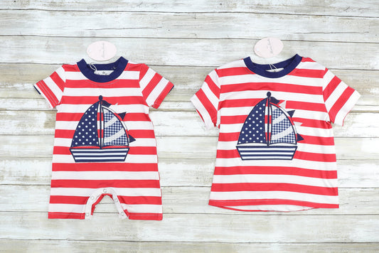 Red & Navy Sailboat Striped Romper