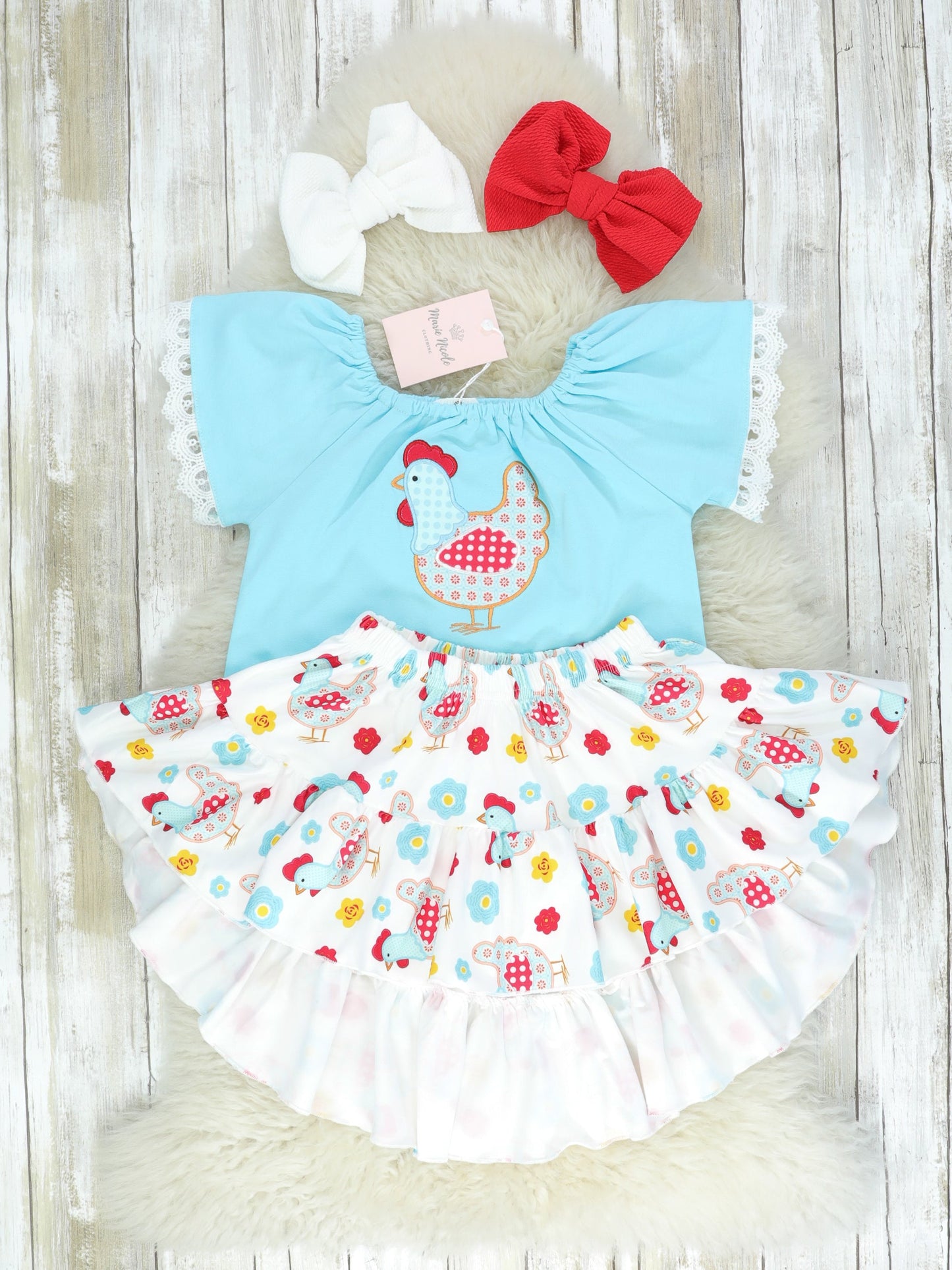 Blue Top & Rooster Hi-Lo Skirt Outfit