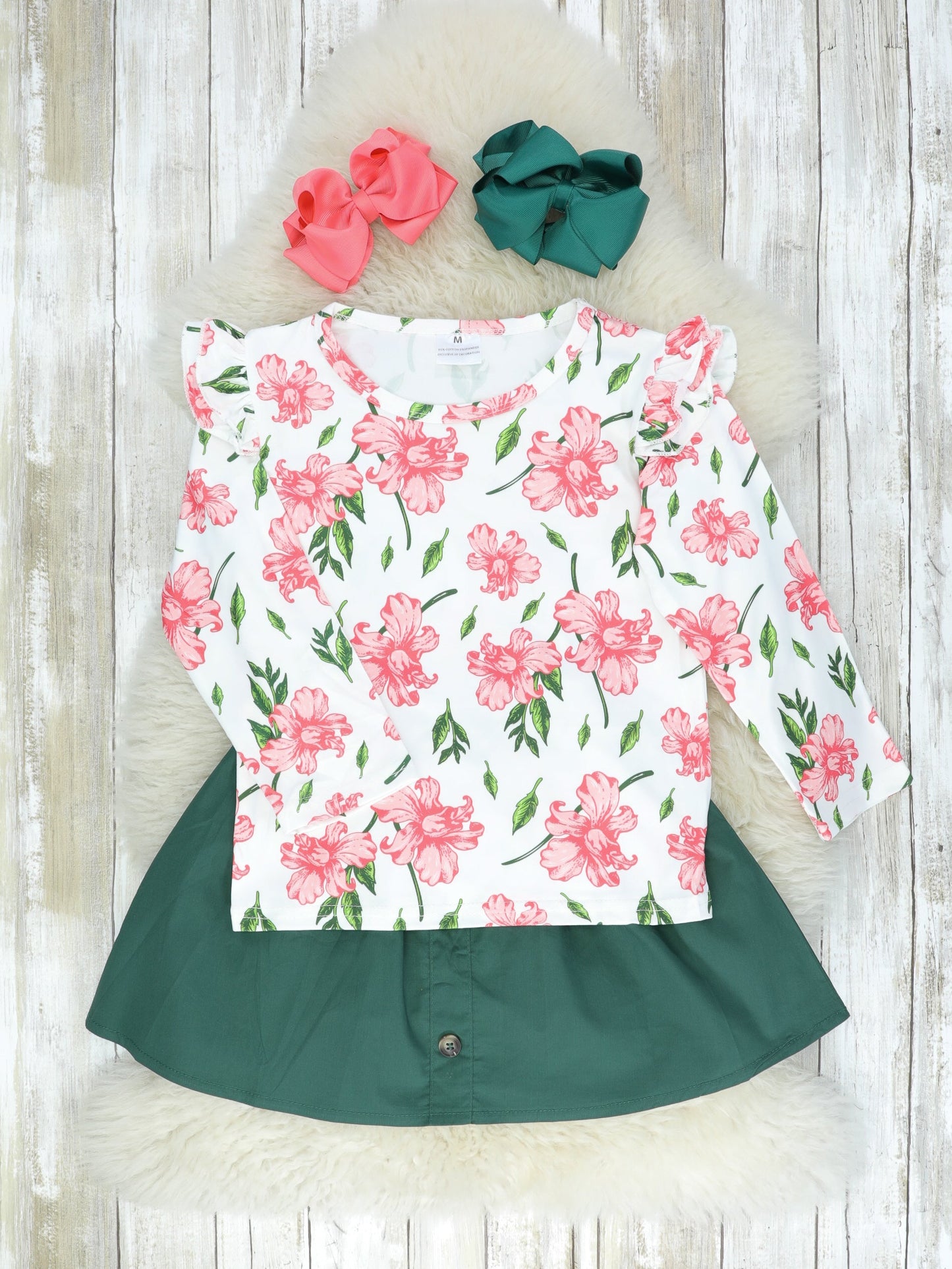 Pink Floral Top & Hunter Green Suspender Skirt