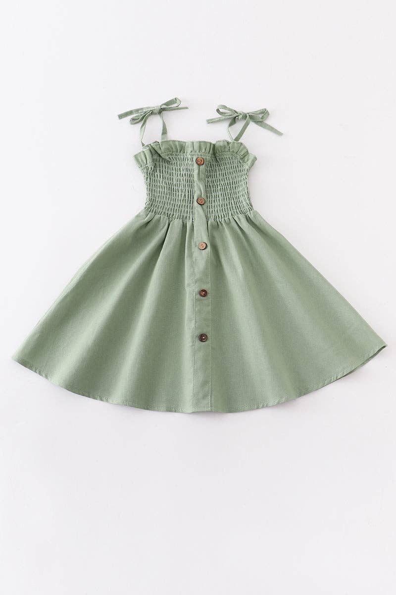 Sage smocked strap button dress