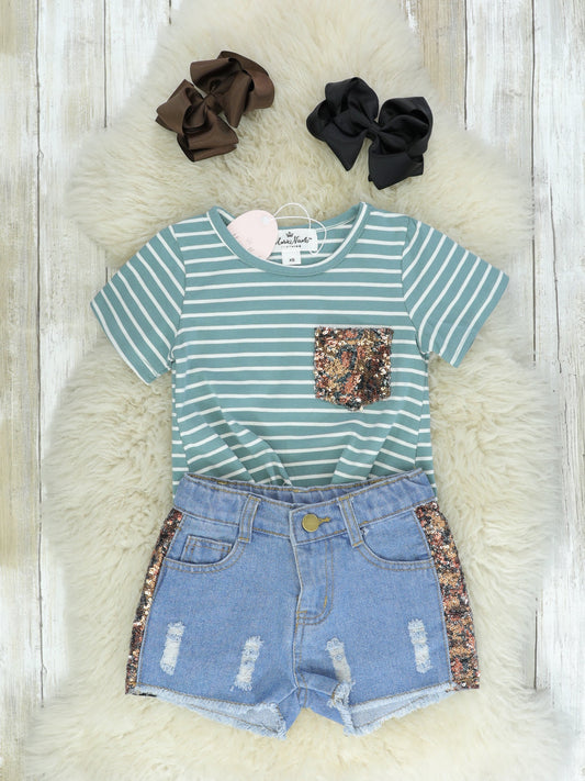 Sage Sequin Pocket Tee & Denim Shorts Outfit