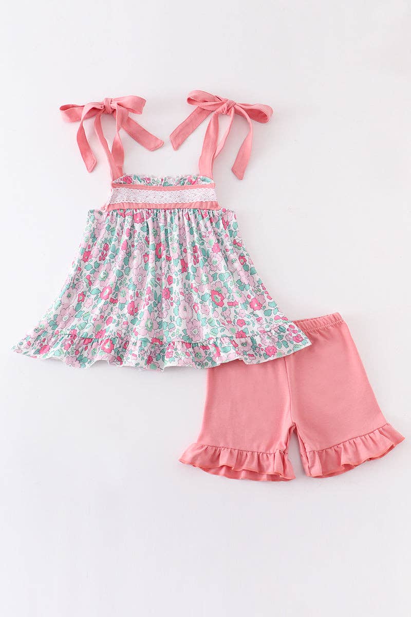 Pink floral print lace girl set