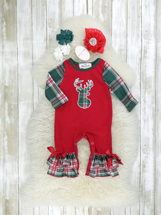 Hunter Green Plaid Reindeer Raglan Ruffle Romper- Girls