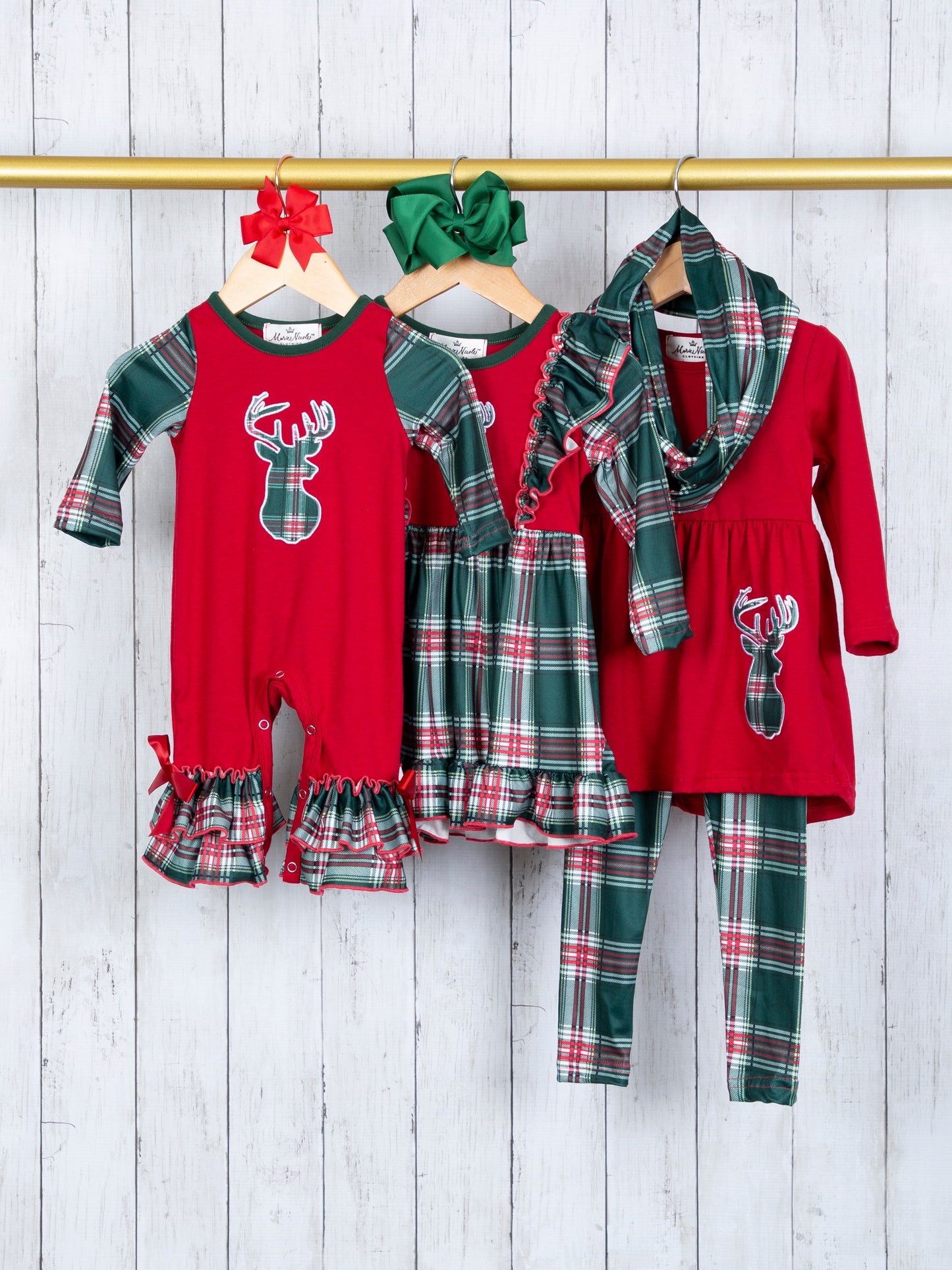 Hunter Green Plaid Reindeer Raglan Ruffle Romper- Girls