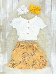 White Ruffle Top & Mustard Ruffle Skirt Set