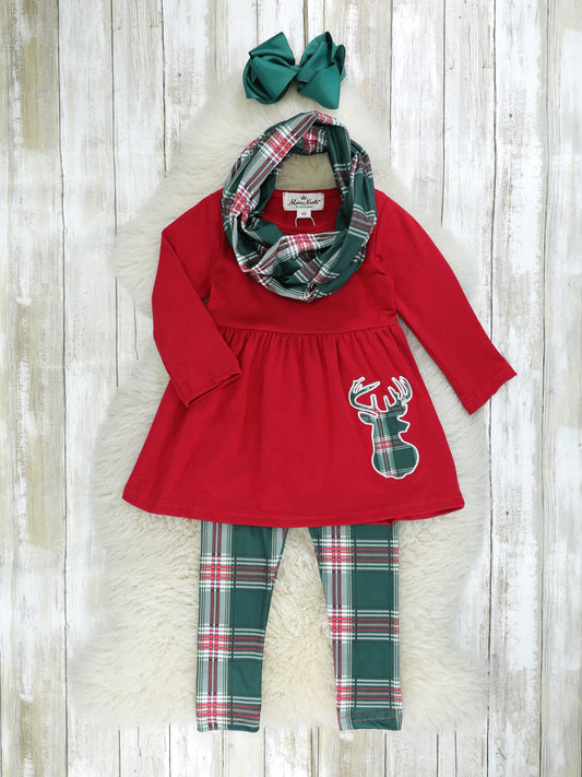 Hunter Green Plaid Reindeer 3-Piece Outfit