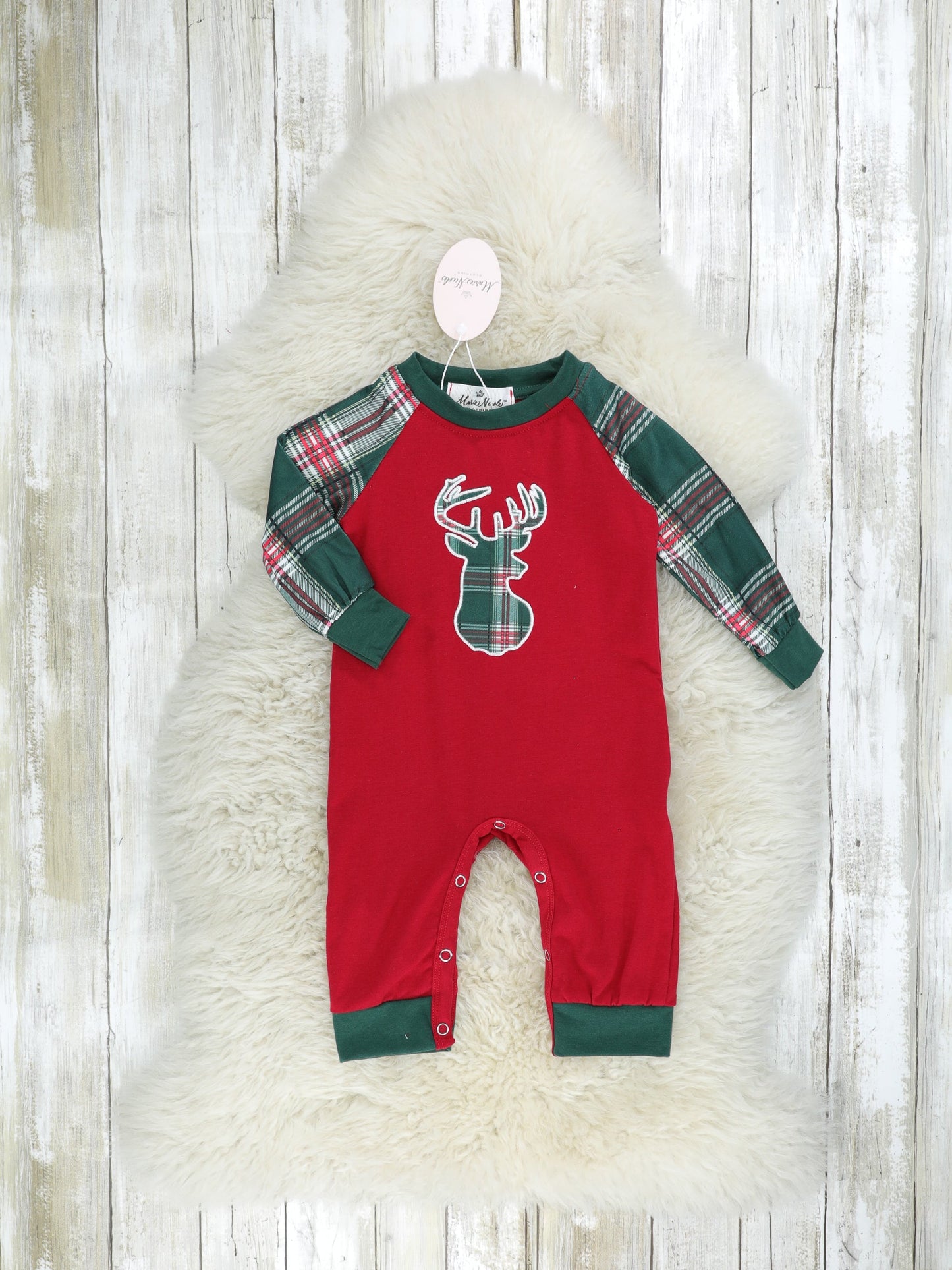 Hunter Green Plaid Reindeer Raglan Romper-Boys