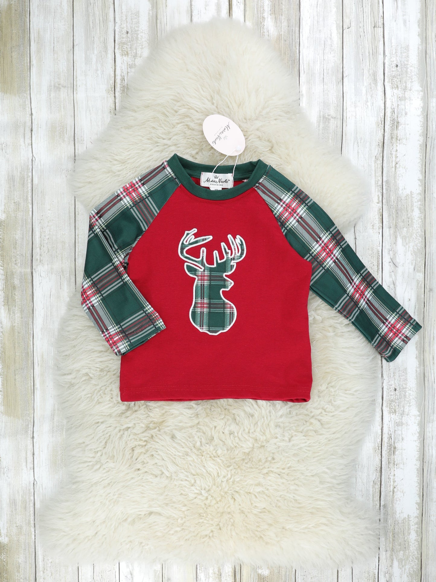 Hunter Green Plaid Reindeer Raglan Shirt- Boys