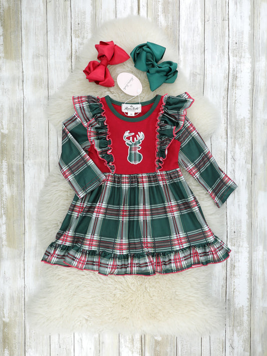 Hunter Green Plaid Reindeer Ruffle Dress