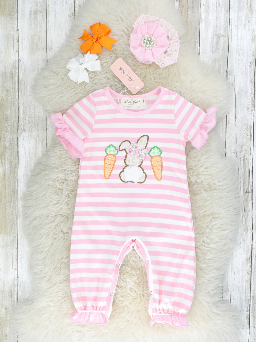 Carnation Pink Striped Bunny Ruffle Romper