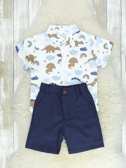 Dino Button Down & Navy Shorts Outfit