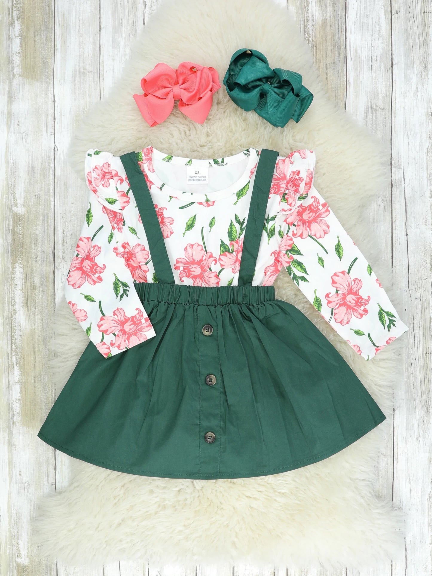 Pink Floral Top & Hunter Green Suspender Skirt