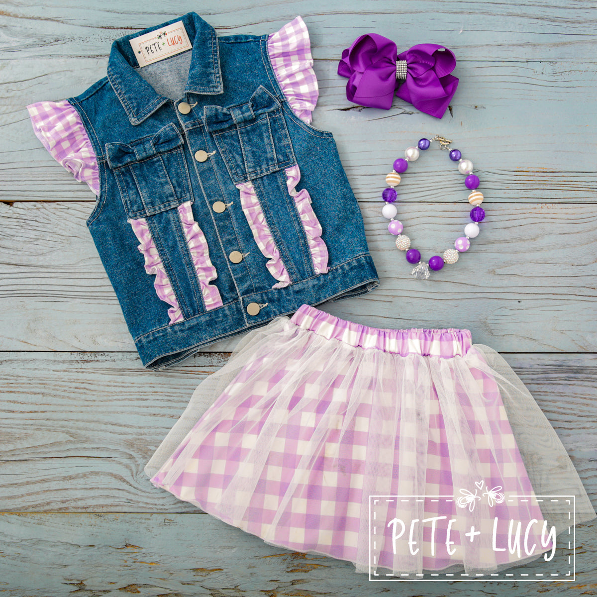 Sweet Gingham 2 Piece Denim Vest & Skirt