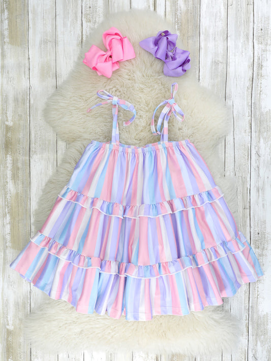 Mauve & Lavender Striped Tiered Tie Dress