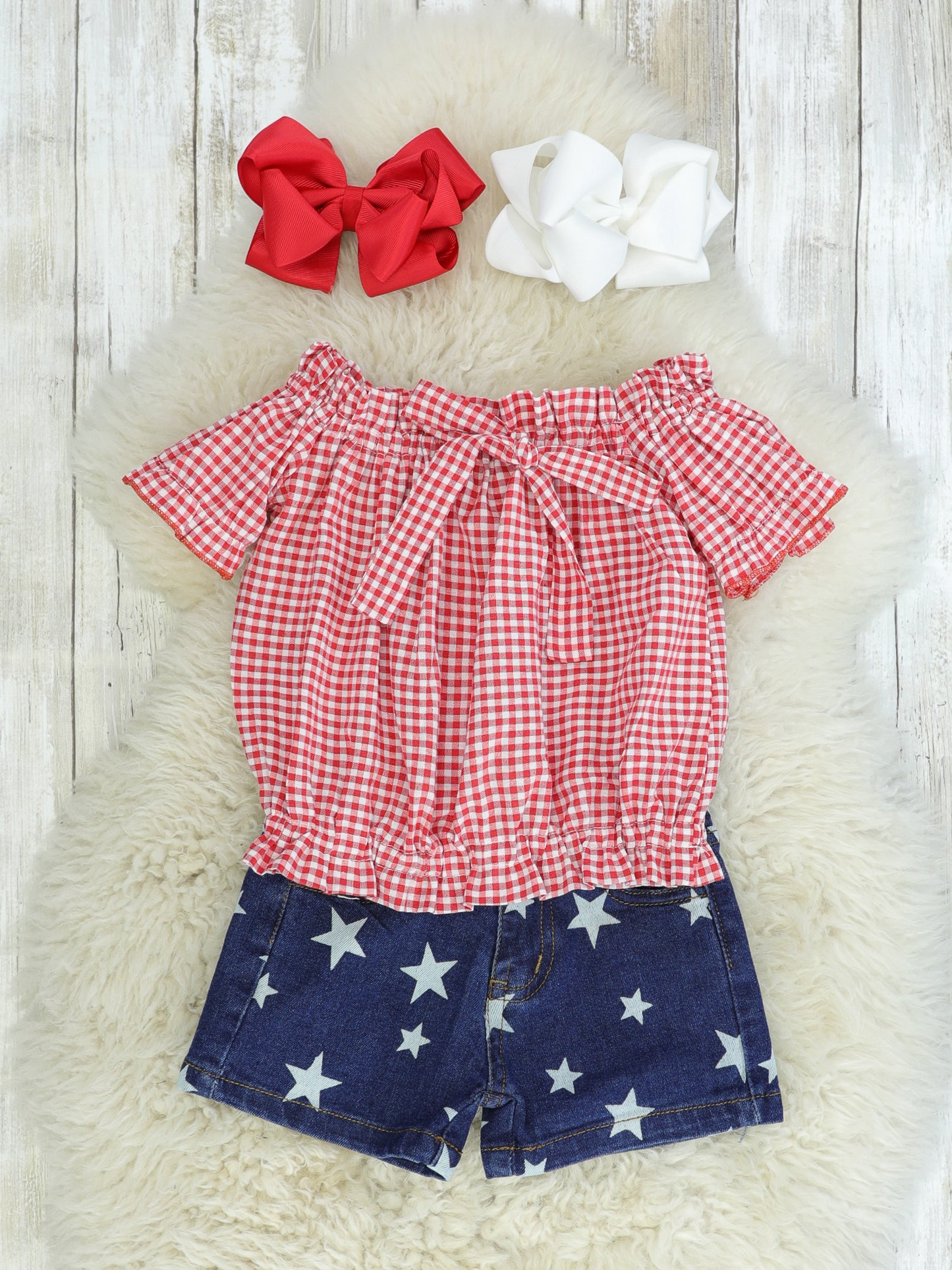 Red Tie Top & Star Denim Shorts Outfit