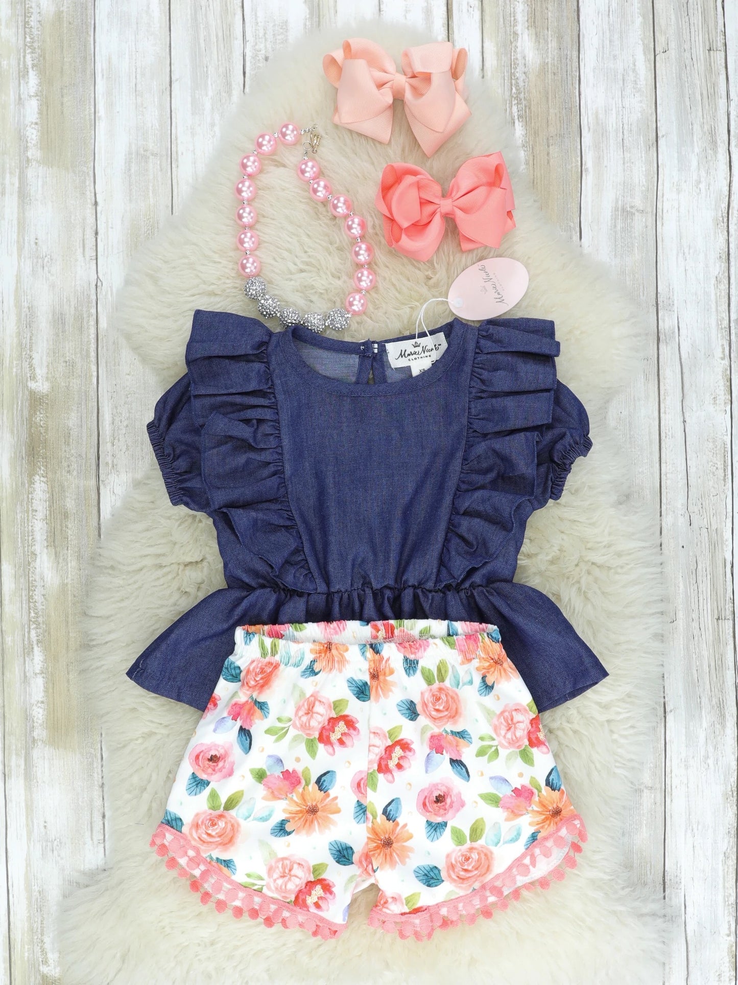 Navy & Pink Floral Ruffle Shorts Outfit