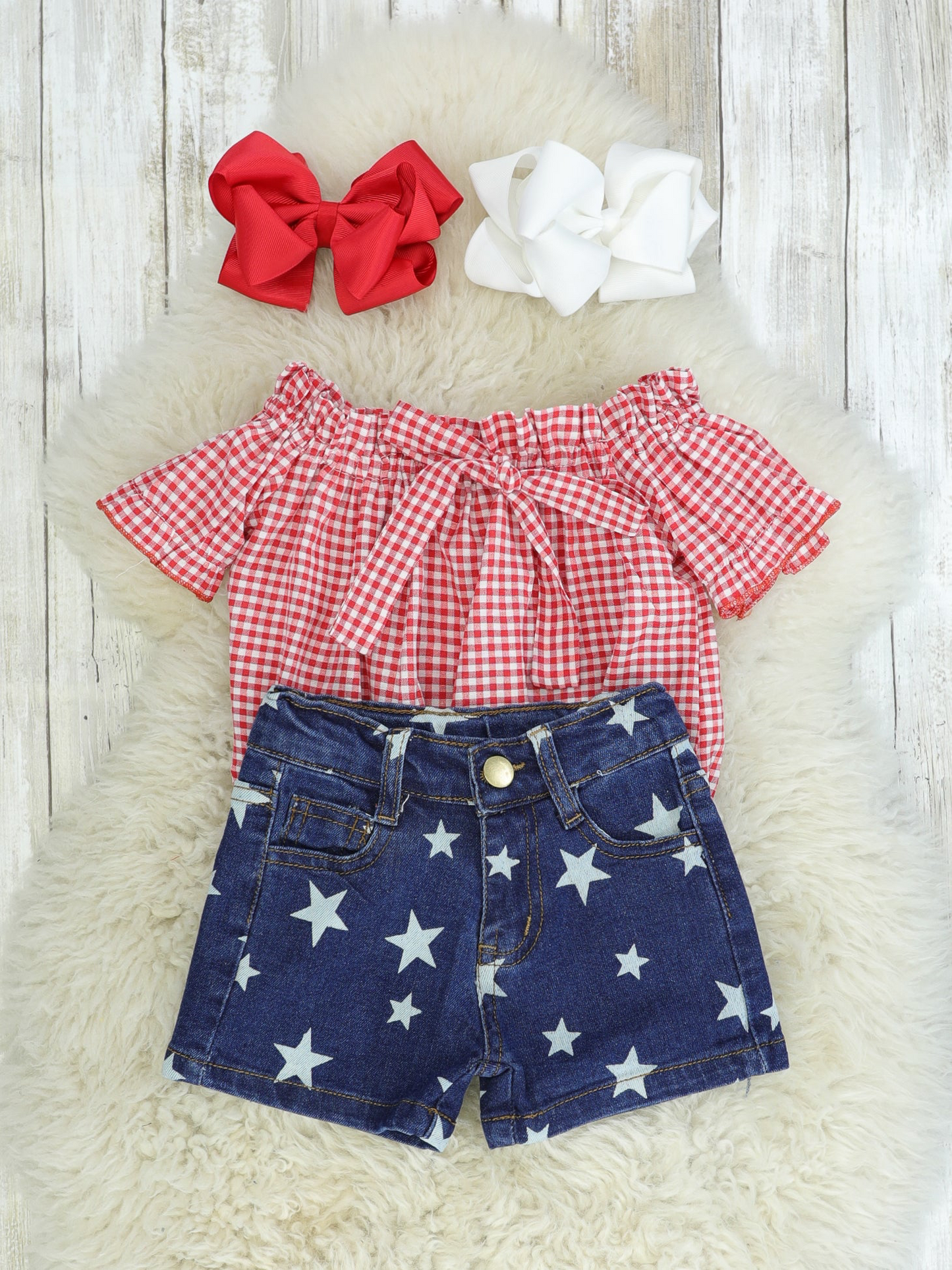 Red Tie Top & Star Denim Shorts Outfit