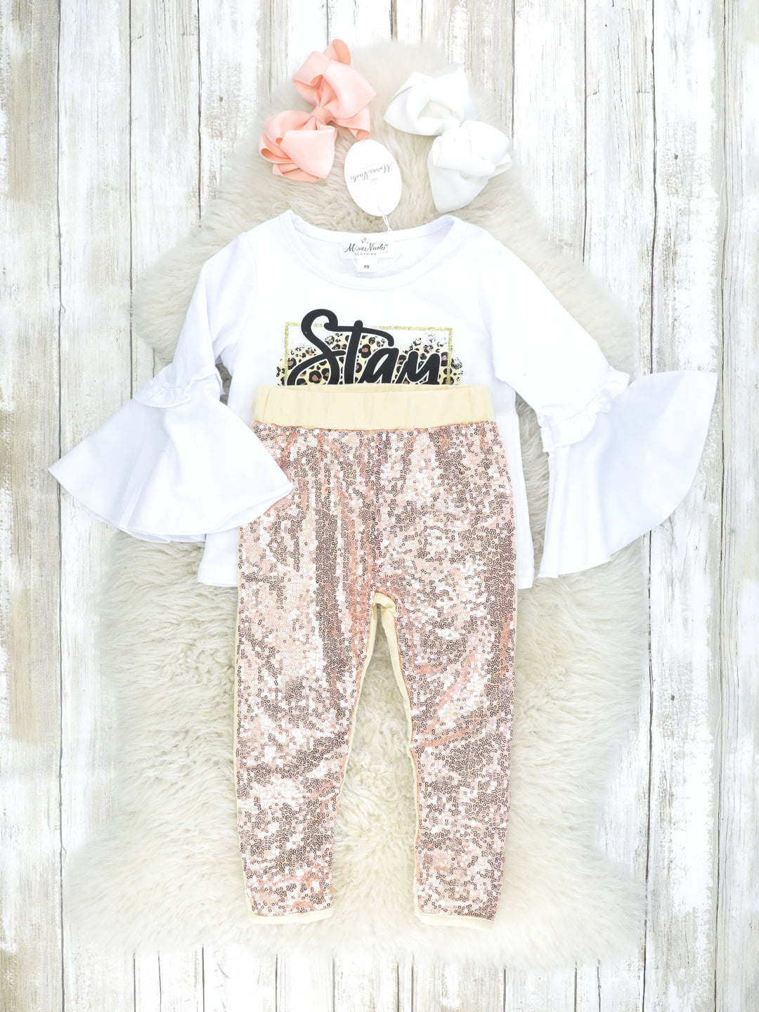 Stay Wild Leopard Bell Sleeve Top & Gold Sequin Joggers Outfit