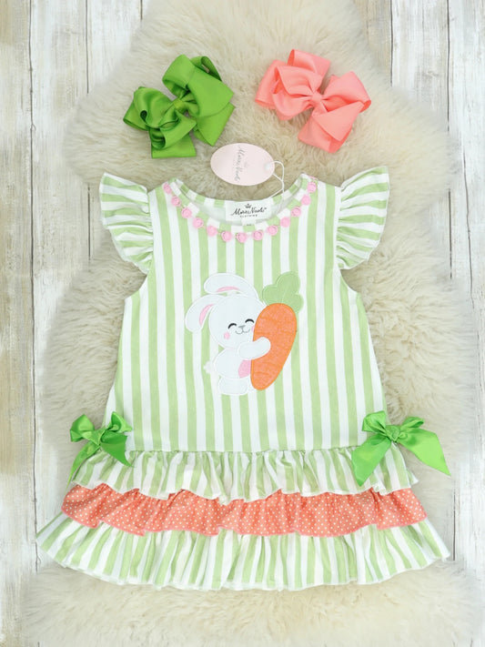 Green & Coral Spring Bunny Bow Dress