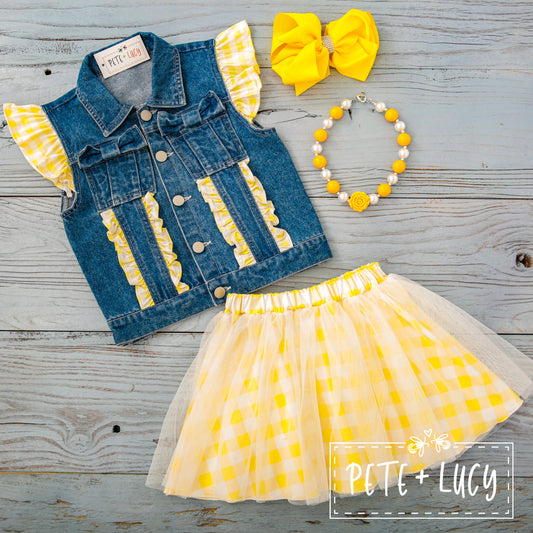 Sweet Gingham 2 Piece Denim Vest & Skirt