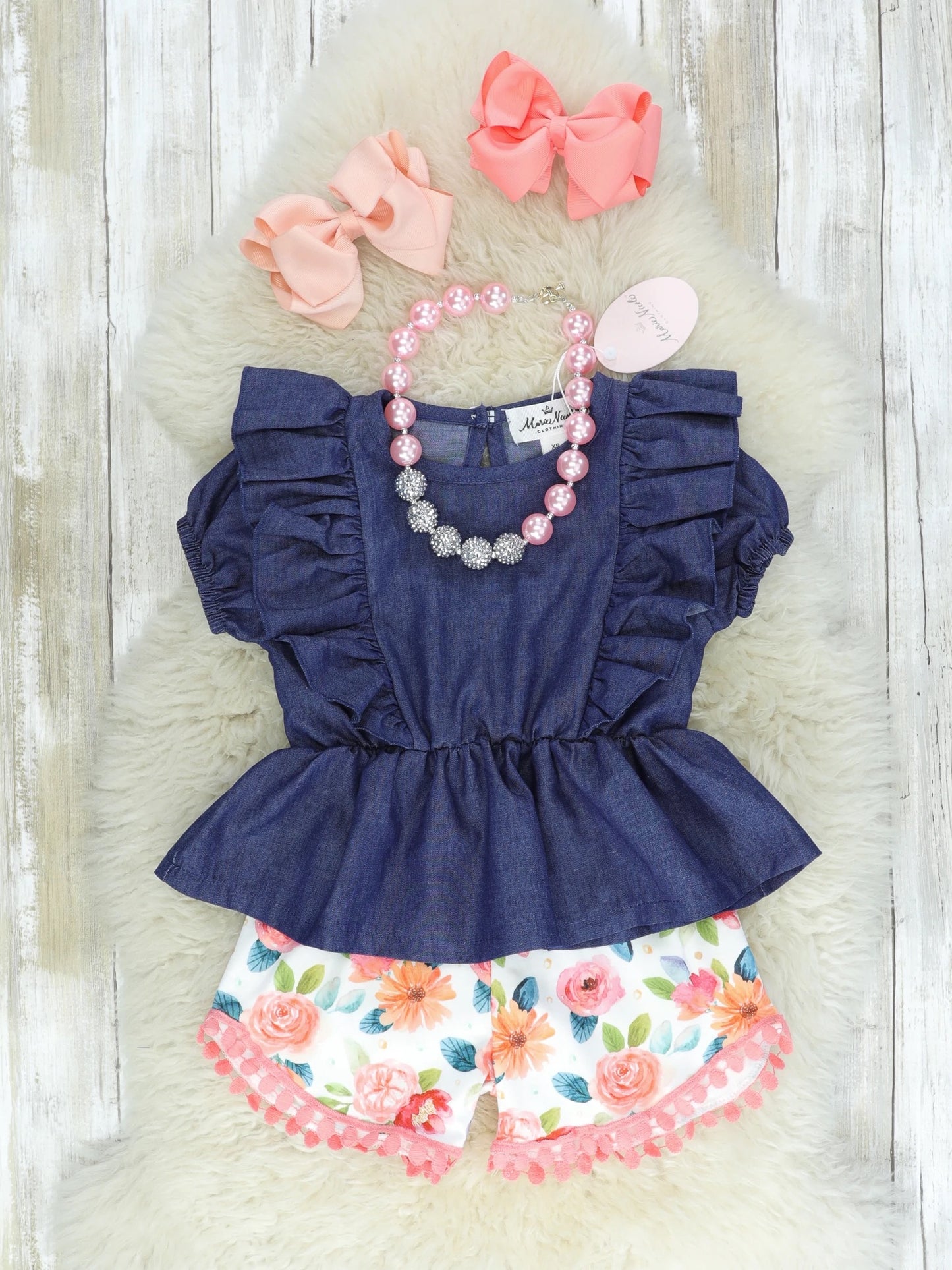 Navy & Pink Floral Ruffle Shorts Outfit