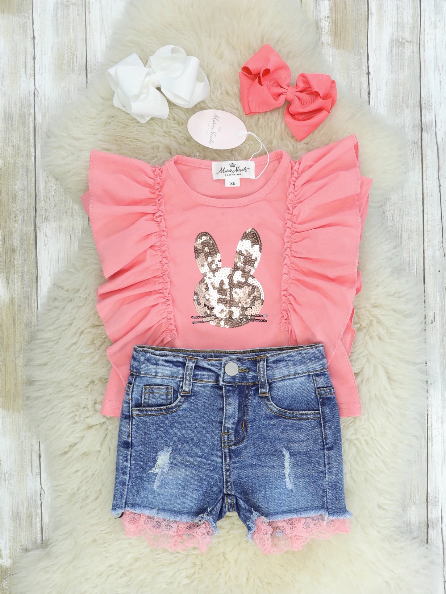 Sequin Bunny Coral Ruffle Top & Denim Shorts