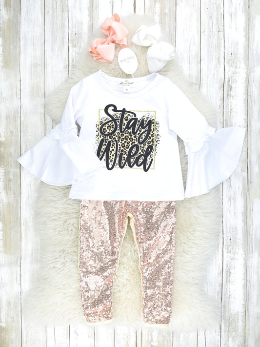 Stay Wild Leopard Bell Sleeve Top & Gold Sequin Joggers Outfit