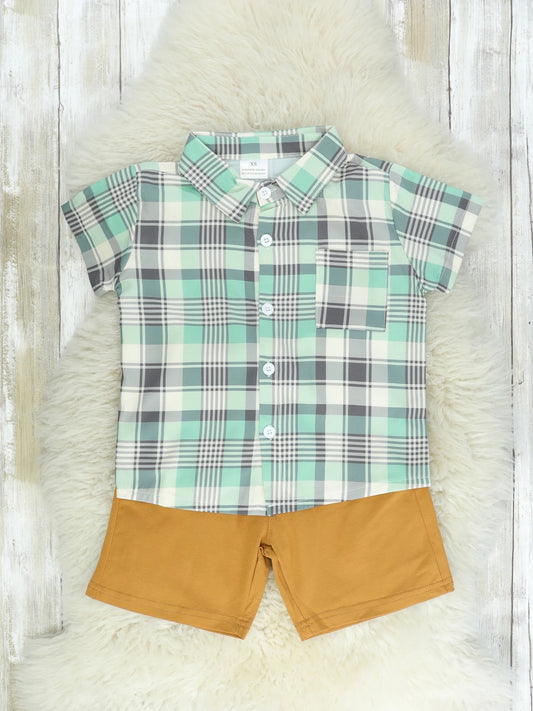 Mint Check Button Down Shirt & Shorts