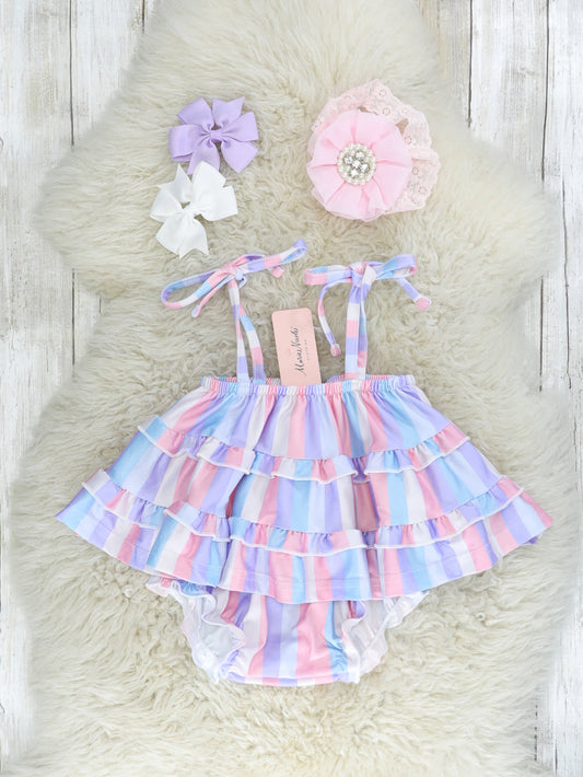 Mauve & Lavender Striped Tiered Tie Top & Bloomers Outfit