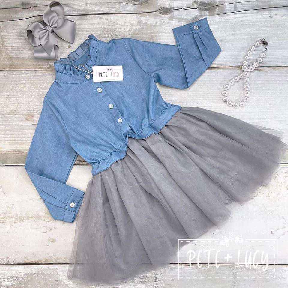 Long Sleeve Denim & Grey Tutu Dress