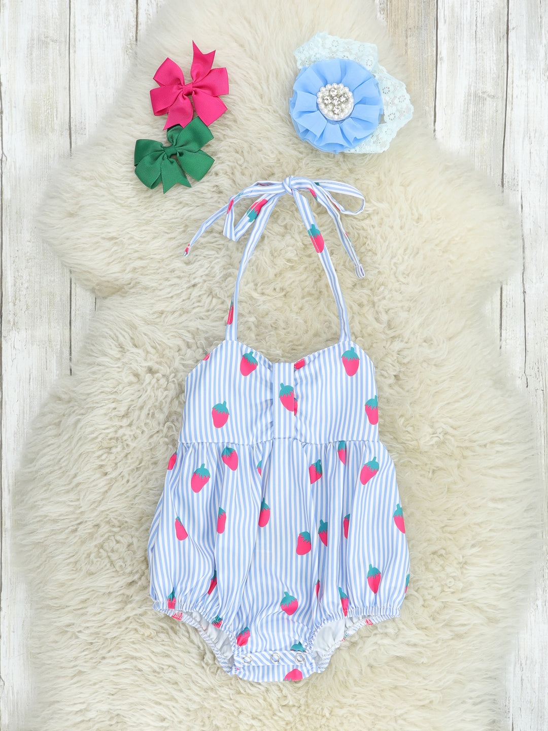 Blue Pinstripe Strawberry Ruffle Romper