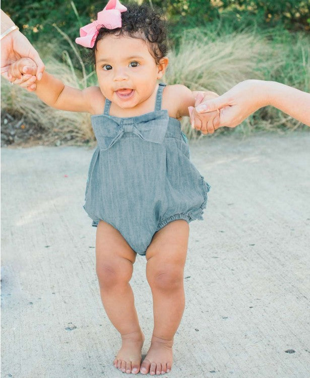 Light Wash Denim Bow-Front Bubble Romper