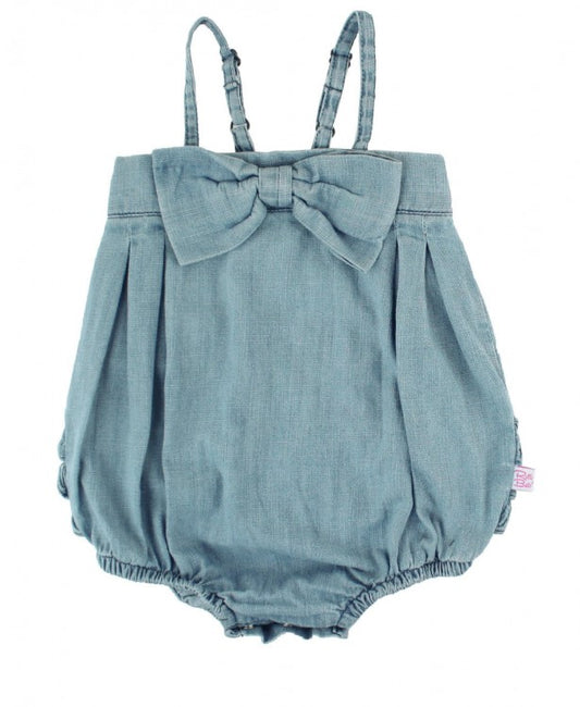 Light Wash Denim Bow-Front Bubble Romper