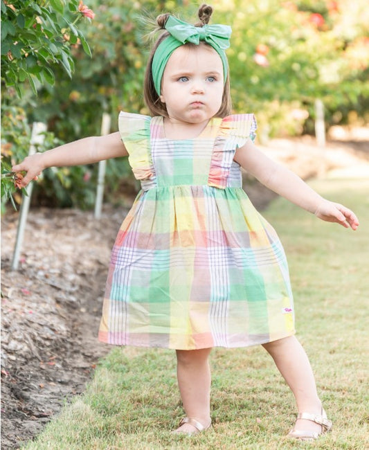 Cheerful Rainbow Plaid Ruffle Dress