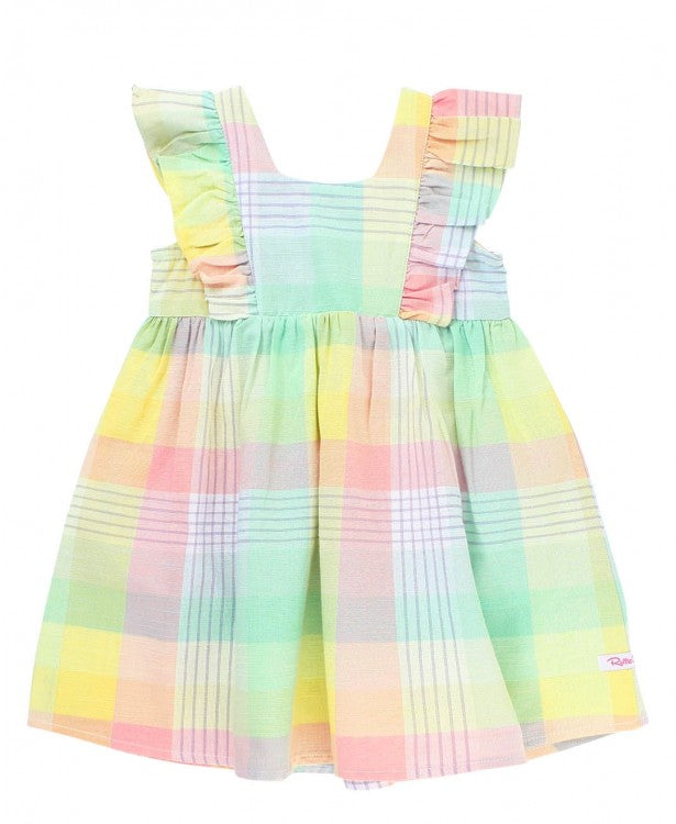 Cheerful Rainbow Plaid Ruffle Dress