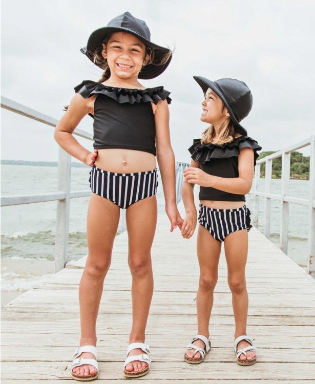 Black & White Stripe Ruffled Tankini